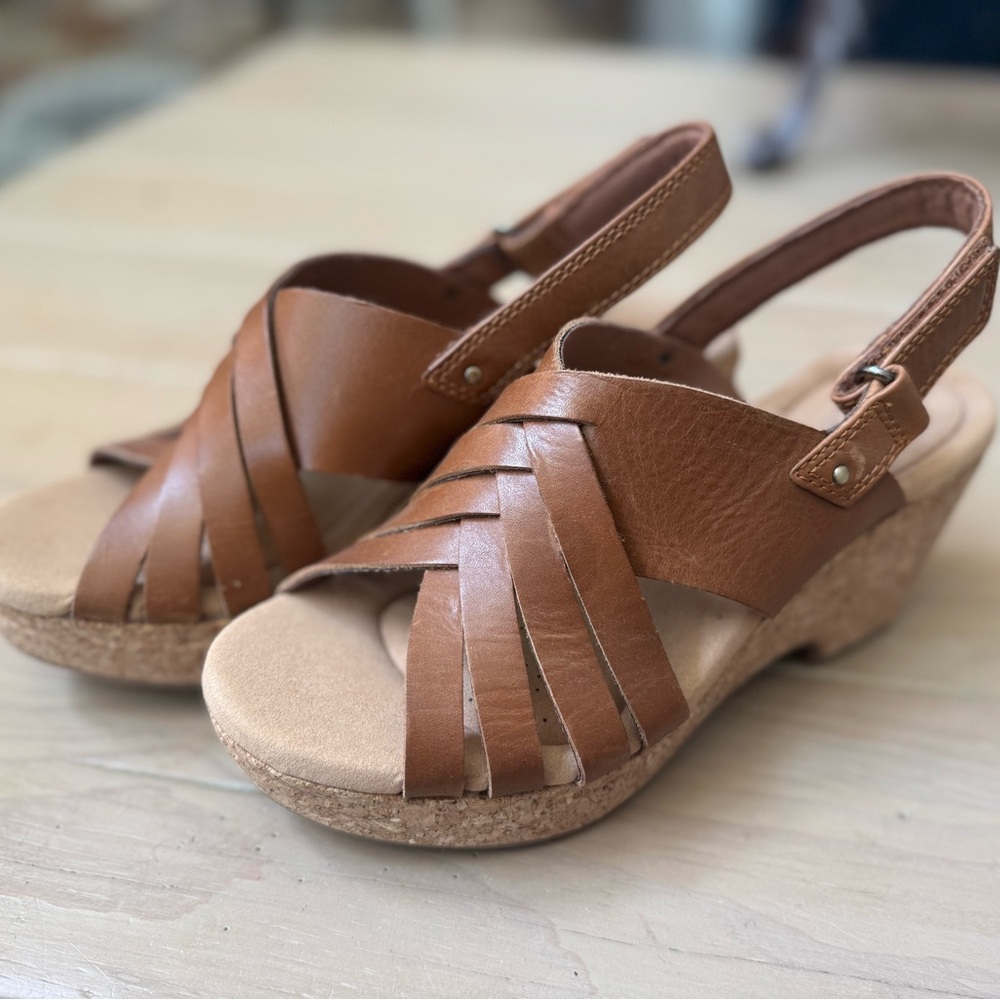 Clarks Brown Leather Cork Wedge Sandals
